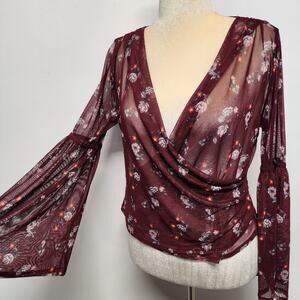 Bongo Womens Mesh Flare Sleeve Blouse Top Size L Plum Wrap Front Boho Y2K Fairy